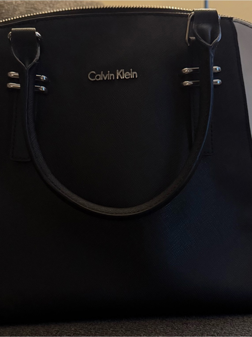 Calvin Klein Black and White color block Top-handle satchel with Silver Hardware
